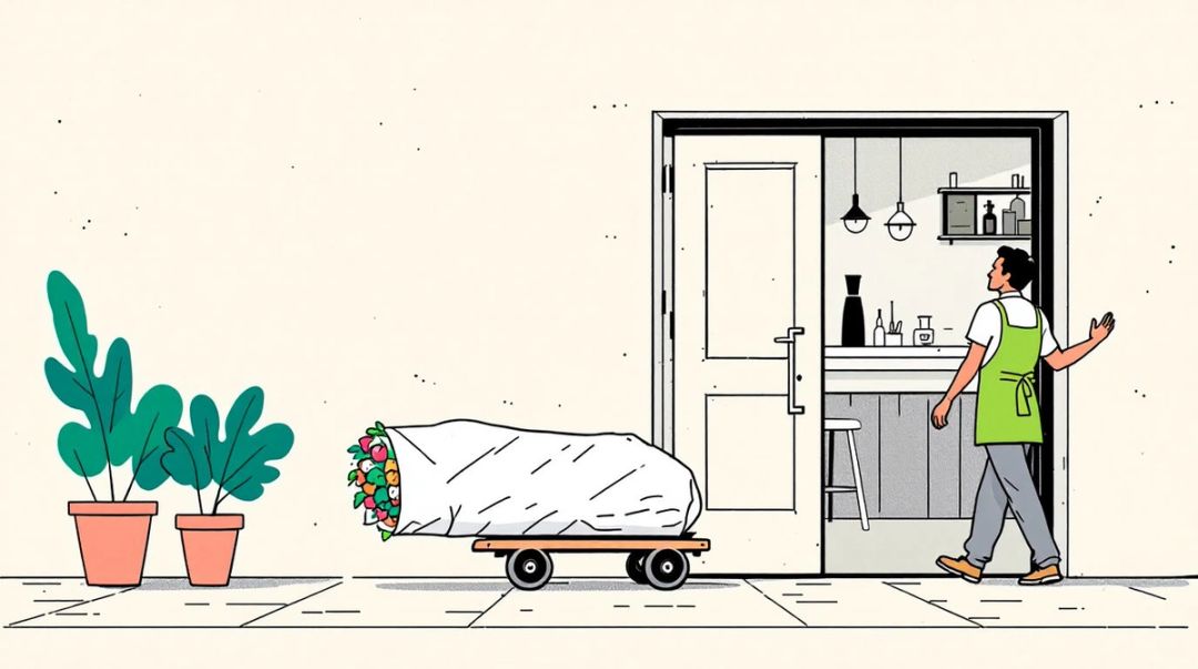 A barista closes a coffee shop door, palm raised, as movers wheel up a giant burrito.
