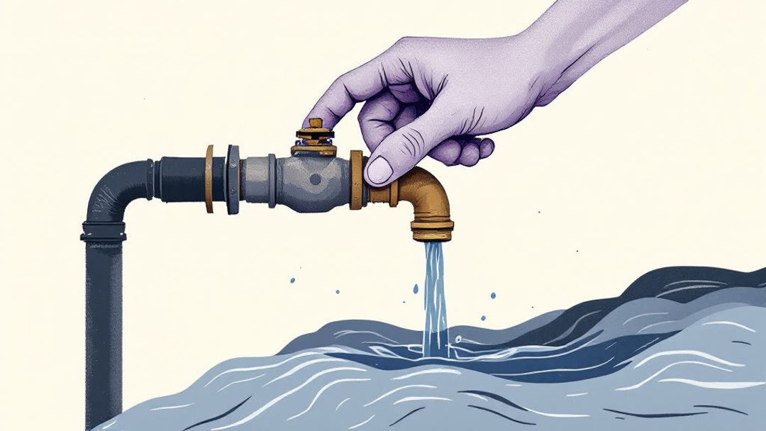 A hand closes a heavy brass valve on a thick pipe, halting a flowing stream