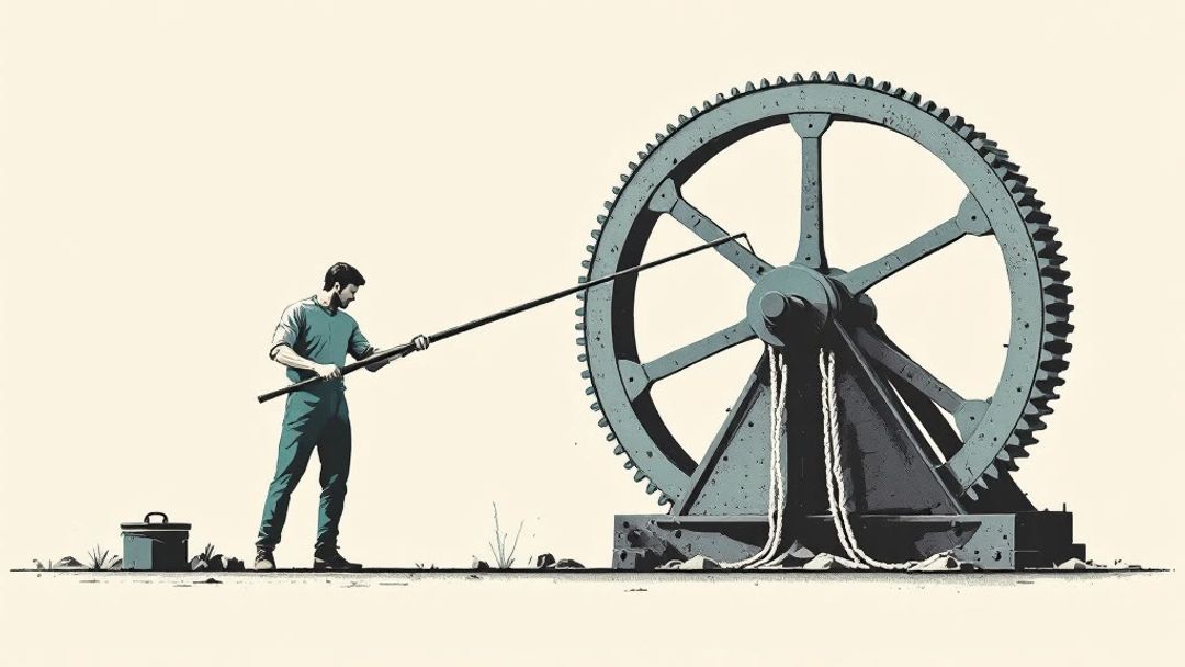 Illustration of a heavy iron flywheel turned by a hand lever, four braided ropes feeding its axle