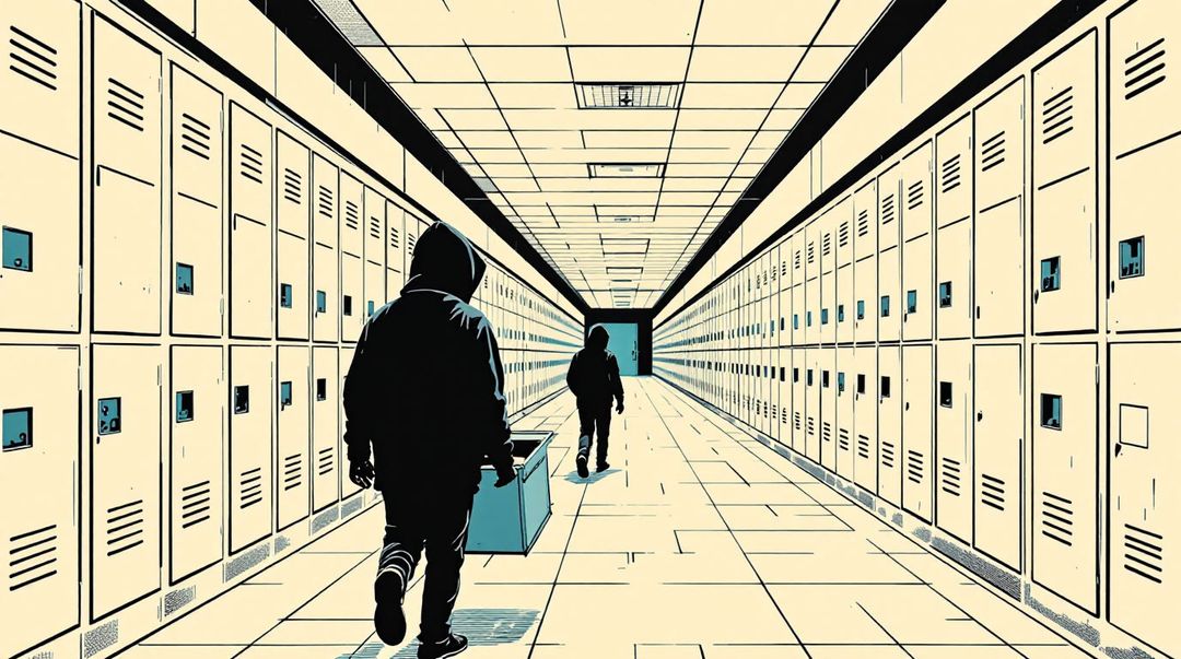 Long school corridor of open, glowing lockers, old ones far back, as a hooded intruder wheels away a loaded cart.