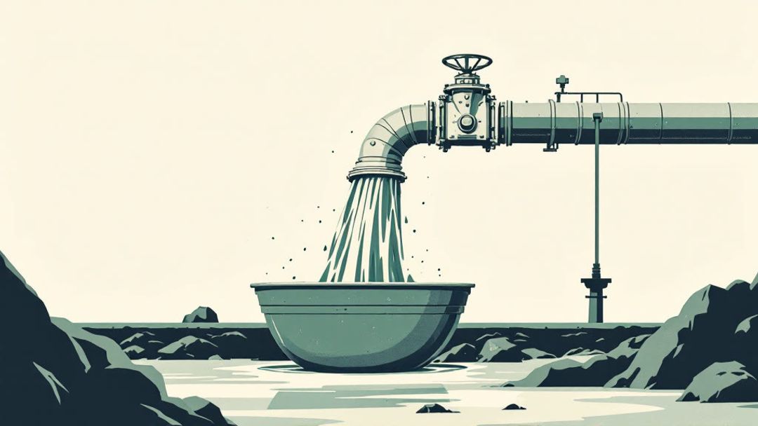 An open industrial valve pours a thick stream from a pipe into a wide basin below.