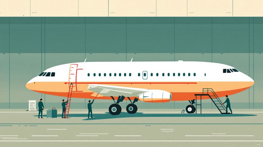Dans un hangar, trois équipes mesurent un fuselage d'avion avec trois règles de longueurs différentes.
