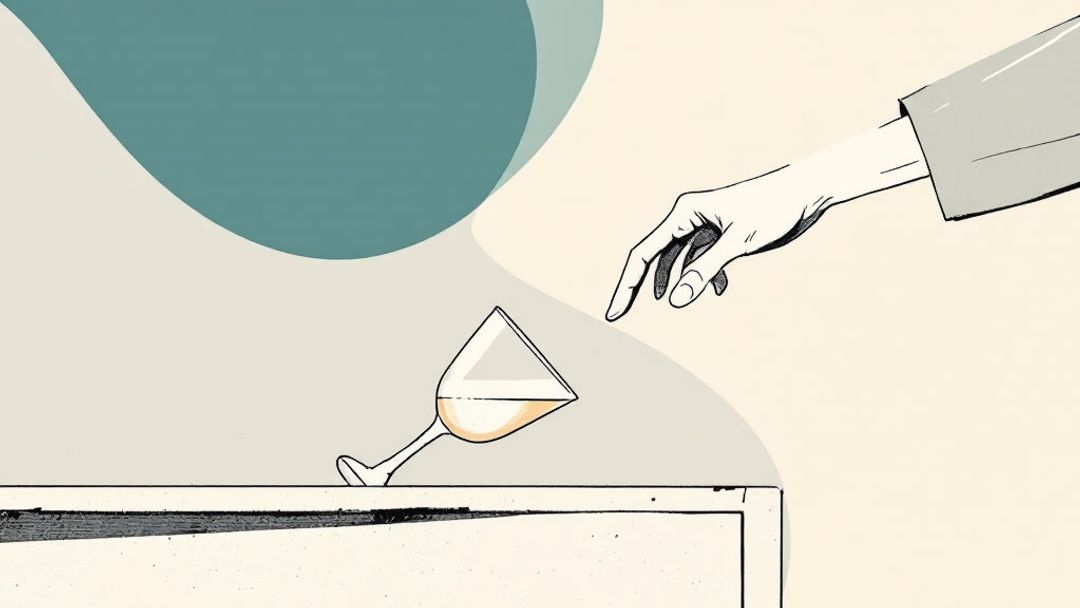 Illustration éditoriale sobre : une main rattrape un verre qui bascule du bord d'une table.