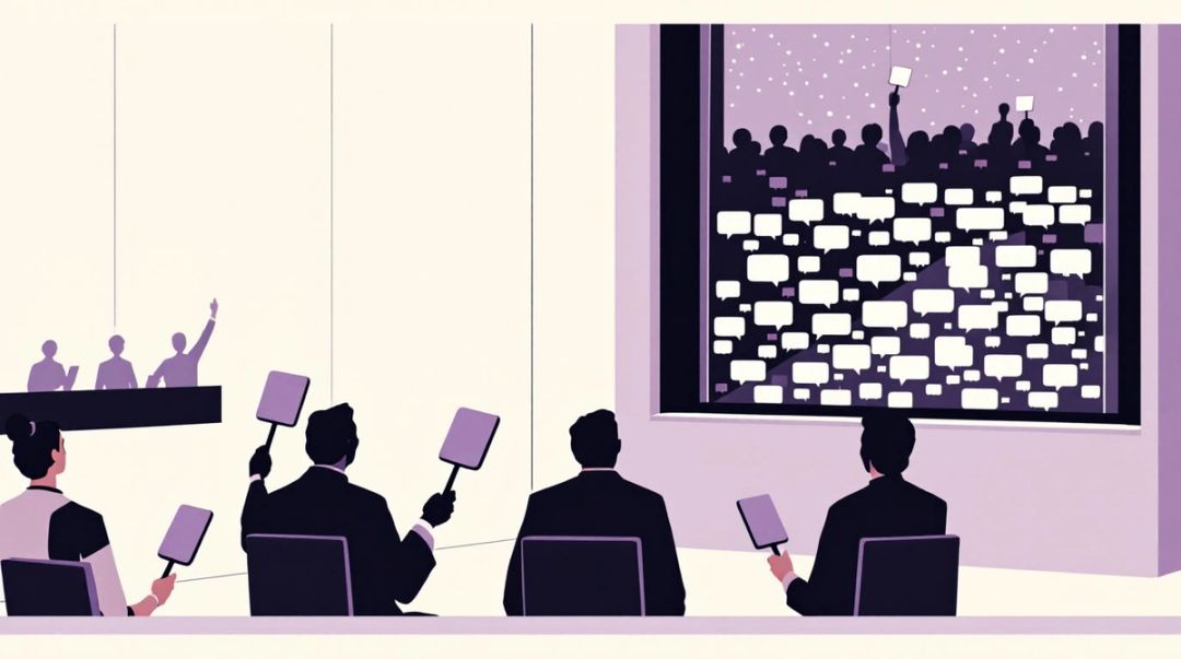 Auction hall where bidders bid on a glass case of glowing chat bubbles while users watch from outside.