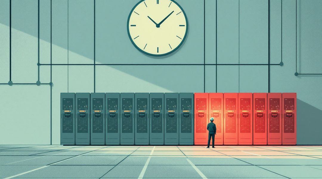 Row of dark server cabinets under a wall clock; one glows red as a lone engineer rebuilds it.