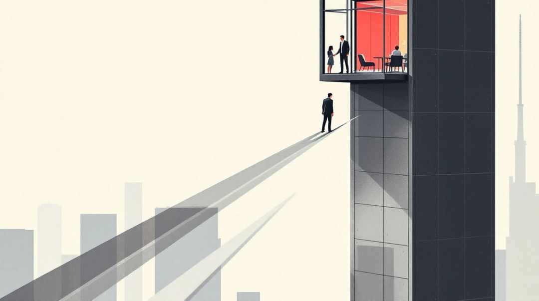 Cutaway office tower where a glass elevator speeds past a waiting marketer toward the top-floor boardroom.