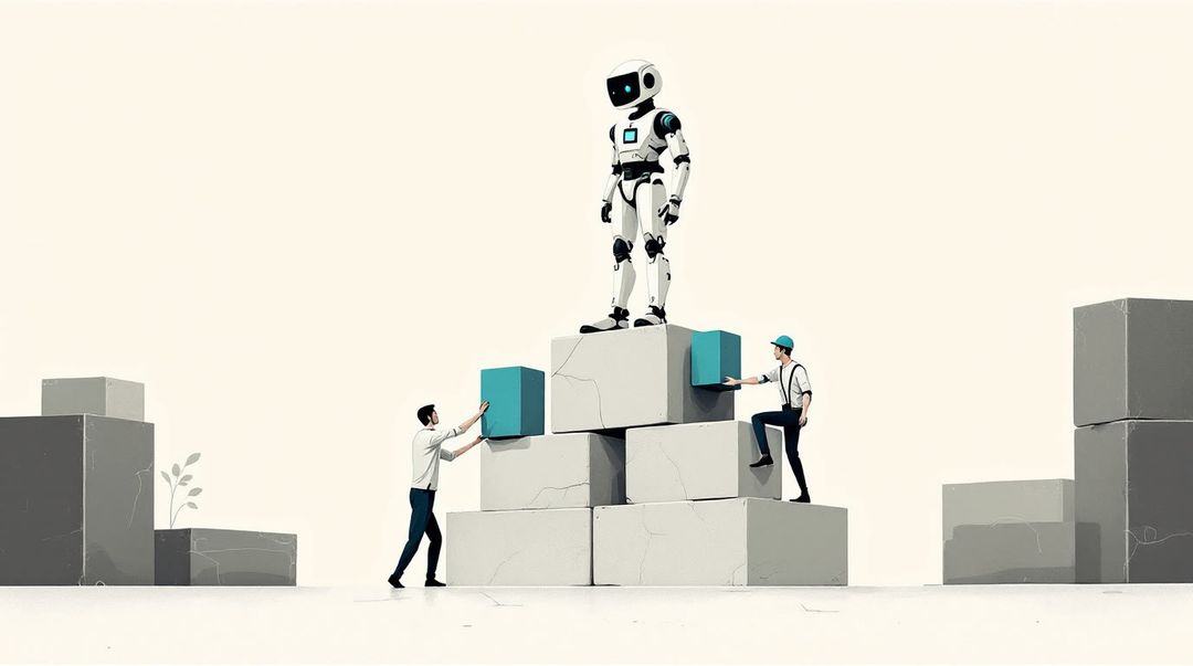 KI-Roboteragent mit Ausweis auf dreistufigem Steinsockel, ein Ingenieur ersetzt einen gerissenen Block