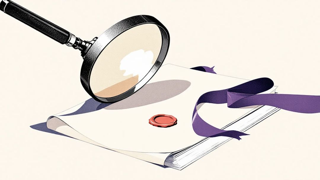 A large magnifying lens hovers over a satin ribbon and wax seal on a bare table