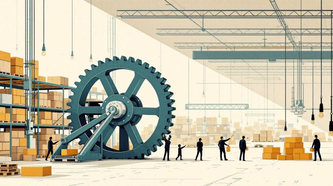 Workers push crank handles to turn a huge flywheel driving conveyor belts in a vast fulfilment warehouse.