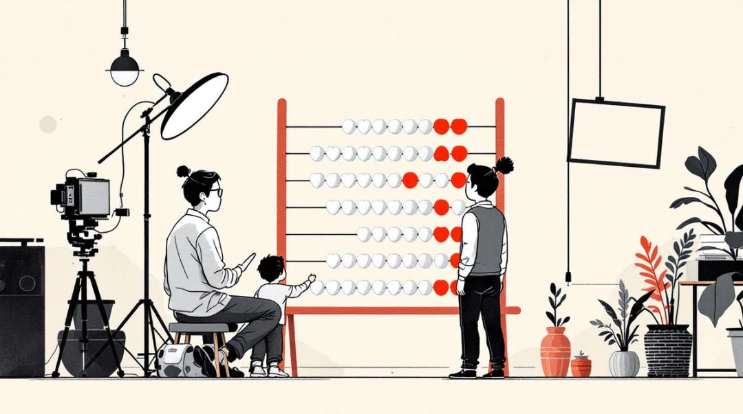 Une créatrice filmée sous un anneau lumineux près d'un boulier géant à perles en cœur, un analyste déplaçant des perles orange.