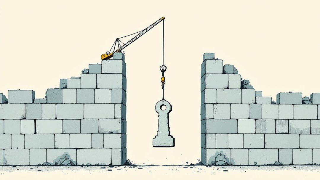 Flat editorial illustration: crane lowering a keystone into the gap between two half-built stone arches.
