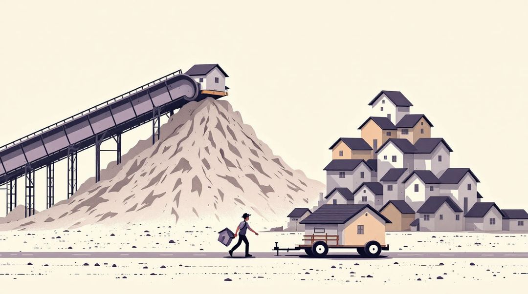 Conveyor belt piles identical houses into a huge desert heap while one worker tows a single house away.