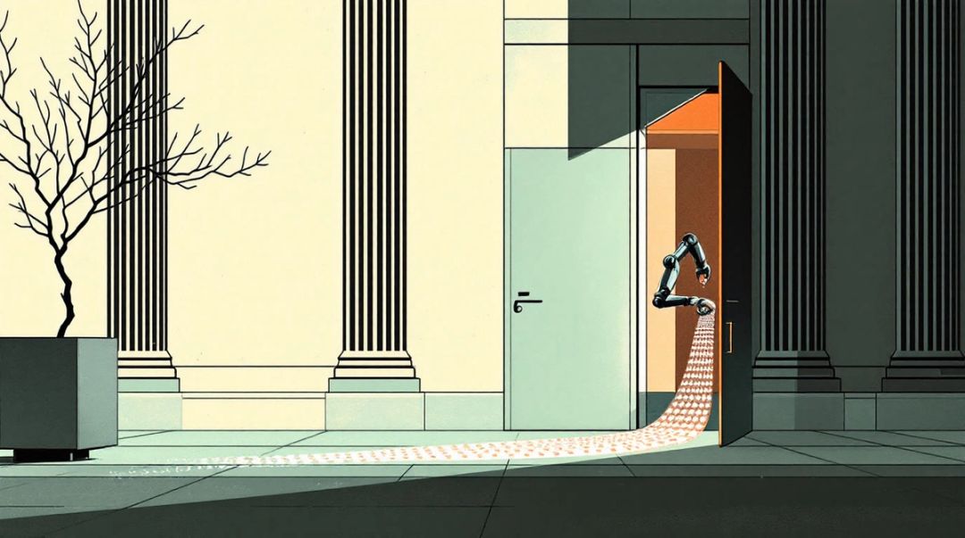 Guarded bank entrance at night while a robotic arm reaches through a small glowing side door, pulling out data.