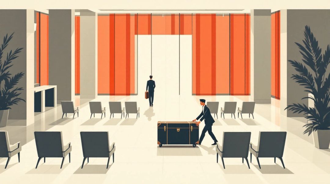 Leere Hotellobby im Morgengrauen; zwei Pagen schieben einen riesigen Koffer zu einem einzelnen ankommenden Gast.