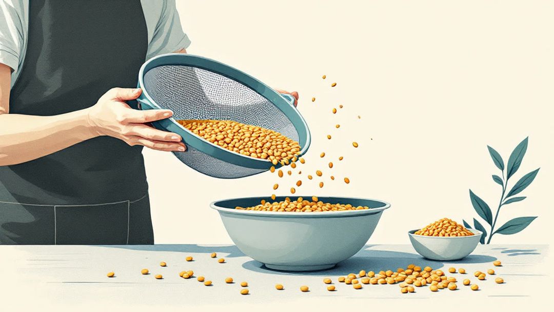 A hand holds a wide sieve over a bowl; grain falls through the mesh onto a table