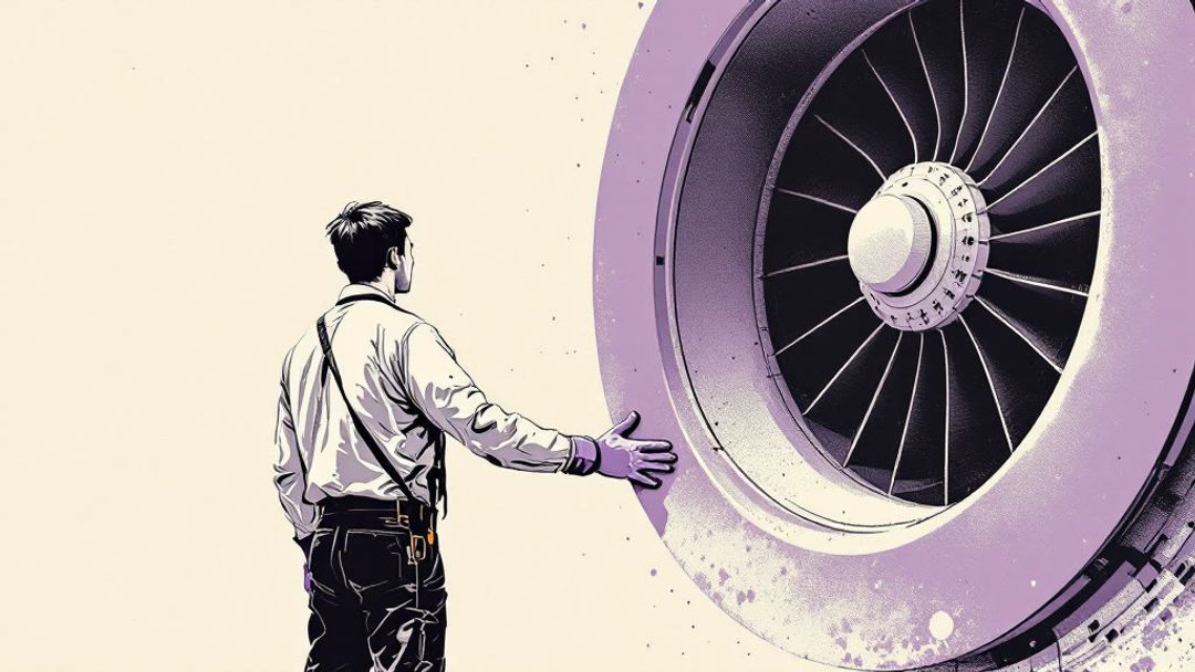 Illustration eines Ingenieurs von hinten, Hand am Gehäuse einer großen Turbine, lauschend