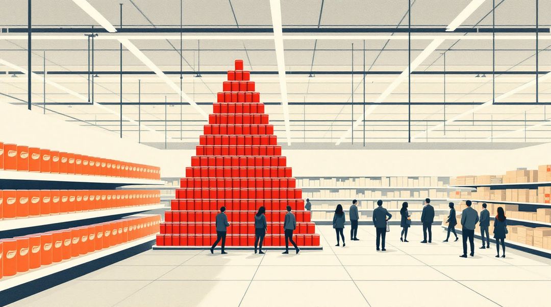 Supermarket aisle where a towering red promotional pyramid of cans dwarfs shelves, shoppers with full trolleys crowding it.
