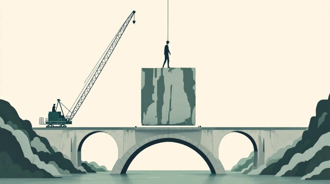 Crane lowering a huge stone block onto a slim arched bridge that bends under the load.