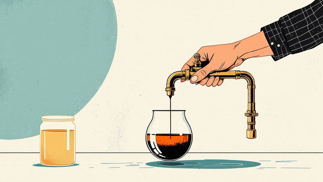 A hand turns a brass valve on a pipe, slowing drips falling into a glass jar.