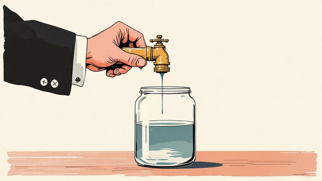 Flat illustration: hand barely opens a brass valve, thin trickle falling into a large glass jar.