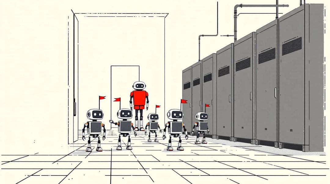 Kleine Roboterwagen mit roten Wimpeln verlassen eine Serverhalle; eine größere Einheit steht gestoppt hinter einer Schranke.