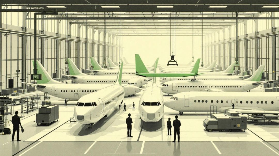 A line of wingless Boeing 737 fuselages waits in an assembly hall as a crane fits one wing.
