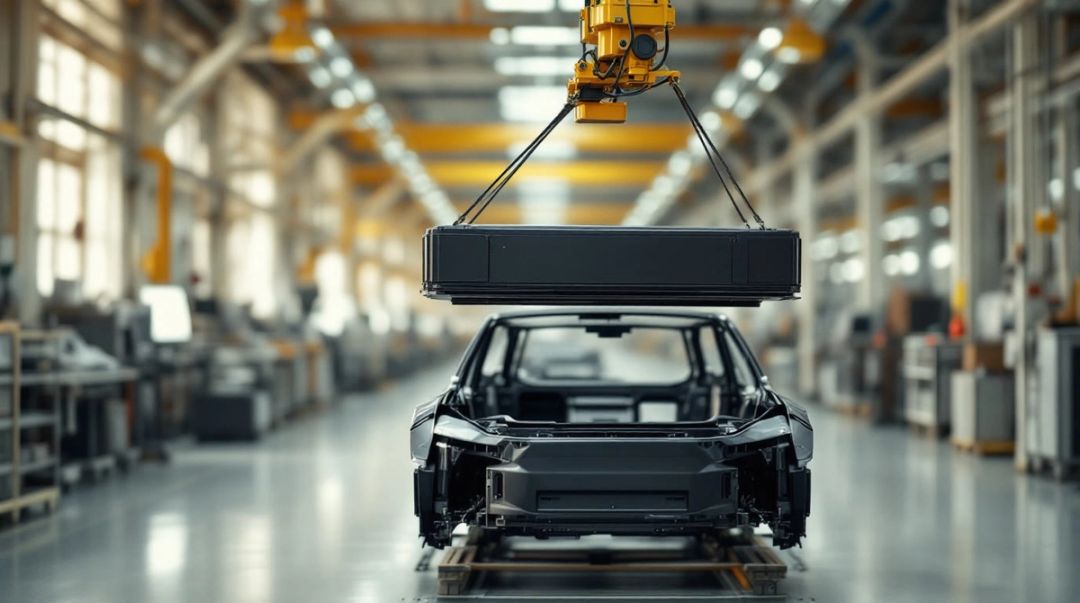Ein Kran senkt ein flaches E-Auto-Batteriepaket auf eine nackte Karosserie in einer fast leeren Montagehalle.