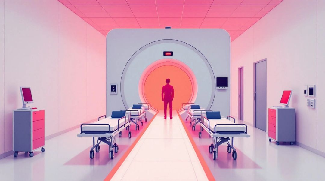 Illustration: Ein CT-Scanner mit leuchtender Öffnung, aus dem eine lange Reihe von Rolltragen den Krankenhausgang hinabzieht.