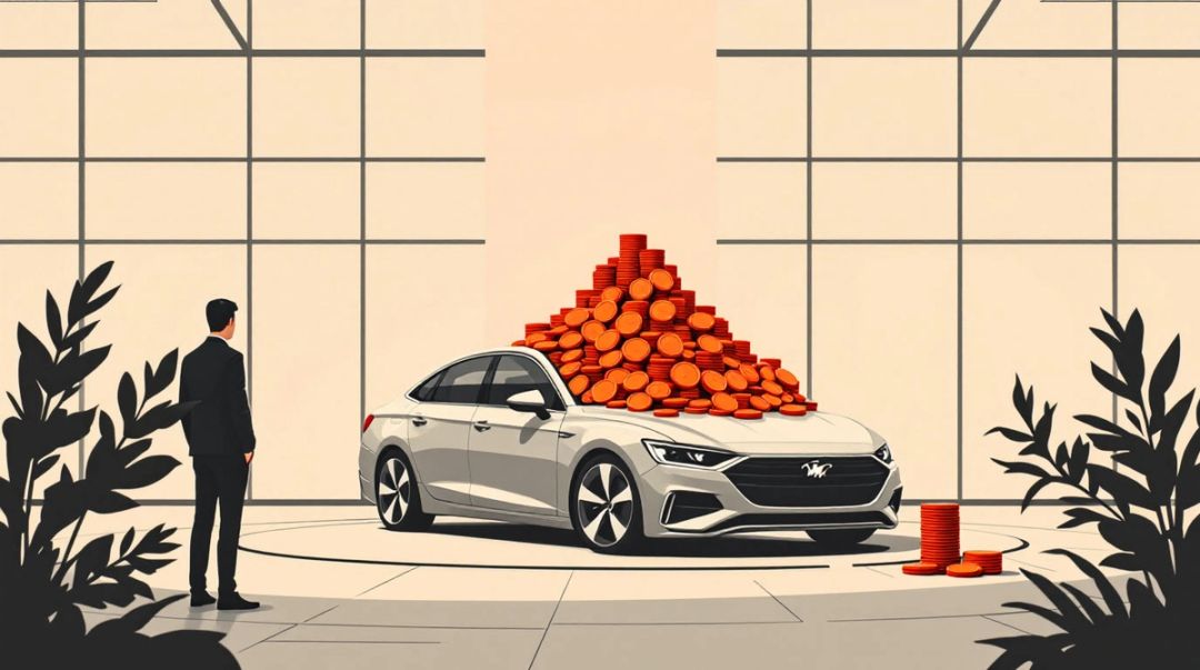 Showroom car with a huge pile of red coins on its hood beside a small stack, buyer approaching.