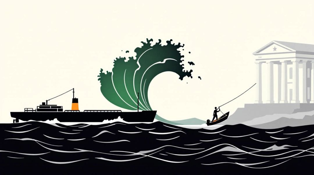 Oil tanker pushes a huge wave toward the US Treasury while a finance chief ties down a boat.