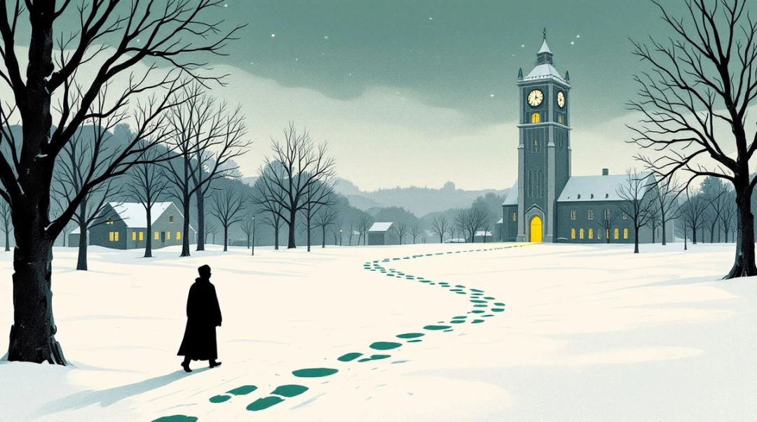 A robed academic walks away from Dartmouth's Baker Library tower, leaving glowing green footprints in the snow.