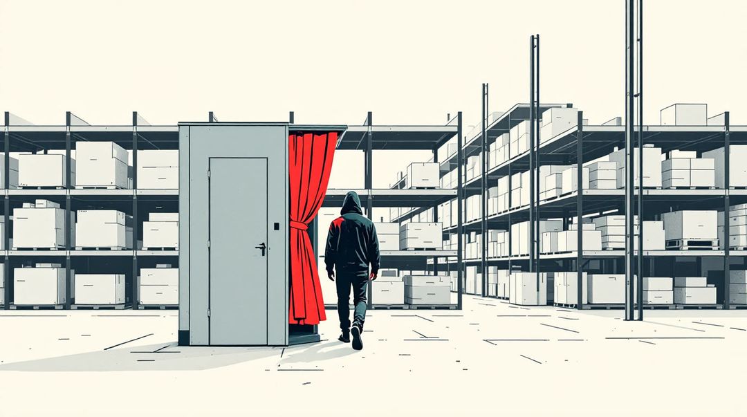 Hooded figure walks through a red-curtained fitting room that opens directly onto a vast warehouse of customer parcels.