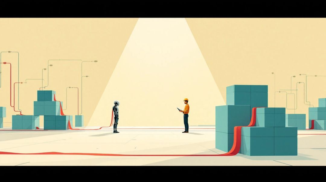 Un agent robot sous un projecteur reste immobile devant un réseau de blocs, tandis qu'un ingénieur en marque quelques-uns de rubans rouges.