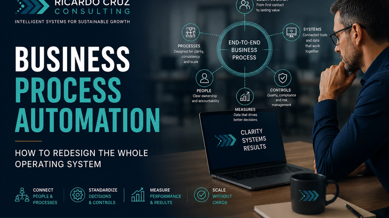 A service-business leader reviews an end-to-end process map connecting workflows, decisions, systems, controls, and measurement.