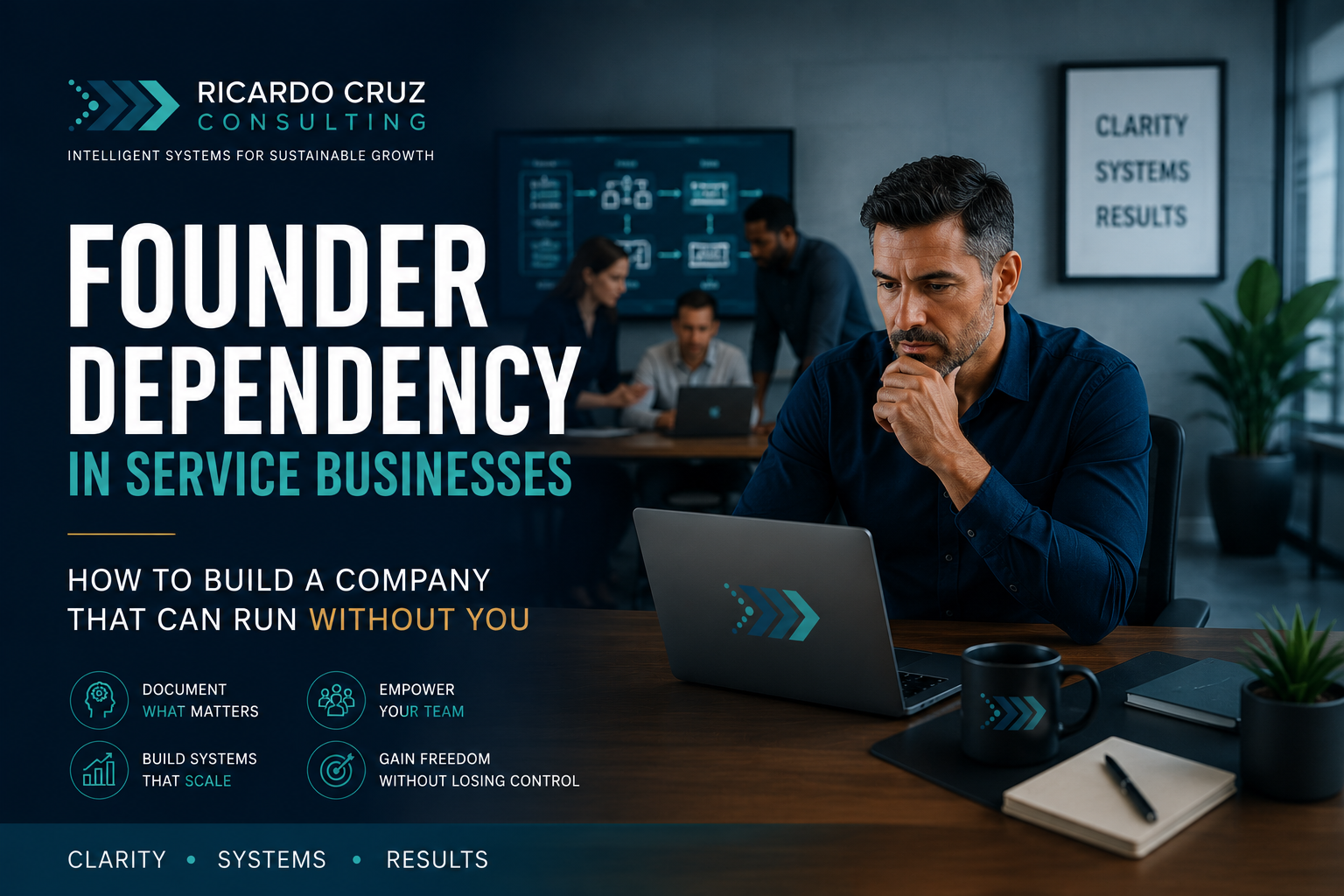 A founder reviews the business while the team collaborates through documented processes, shared ownership, and clear decision frameworks.