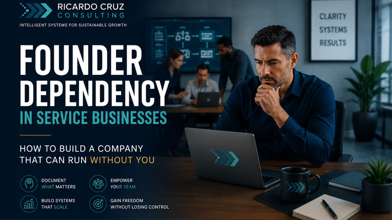 A founder reviews the business while the team collaborates through documented processes, shared ownership, and clear decision frameworks.