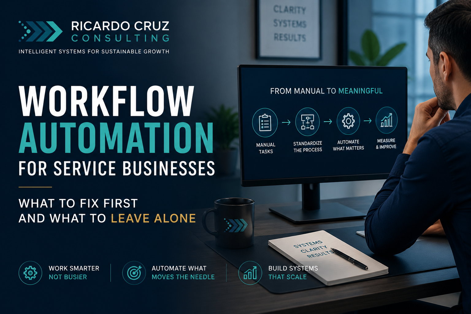 A service-business founder reviews a structured workflow automation system designed to reduce manual work while preserving human judgment.