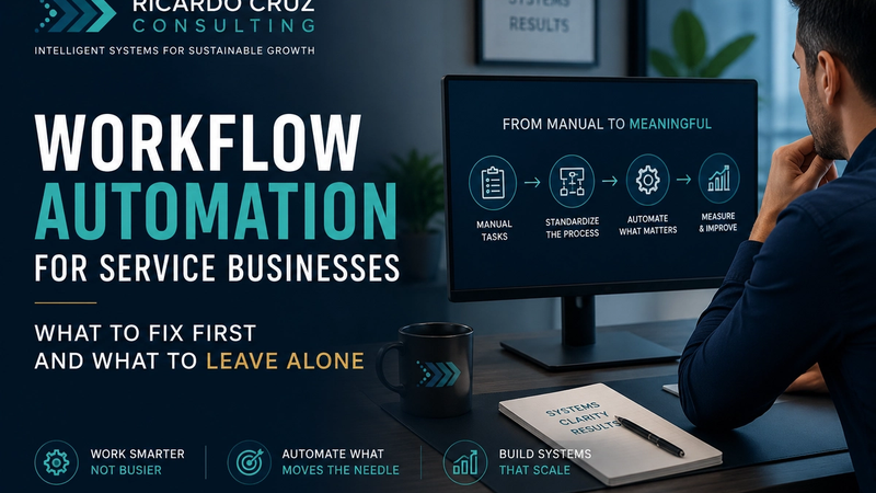 A service-business founder reviews a structured workflow automation system designed to reduce manual work while preserving human judgment.