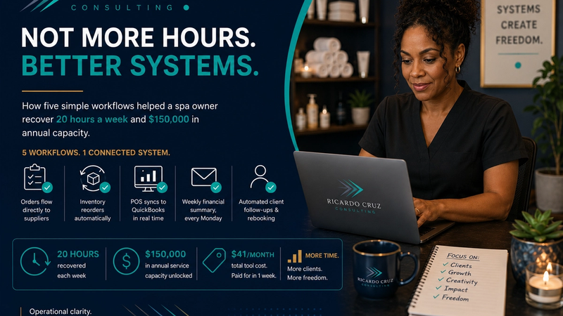 Five connected workflows helped this founder recover 20 hours each week and unlock $150,000 in annual service capacity by replacing repetitive administrative work with connected systems.