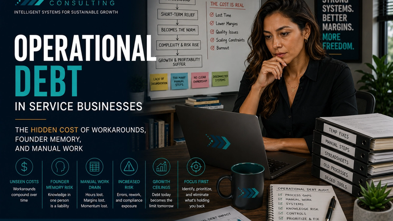 A service-business leader reviews accumulated workarounds, manual steps, spreadsheets, and missing documentation that create operational debt.