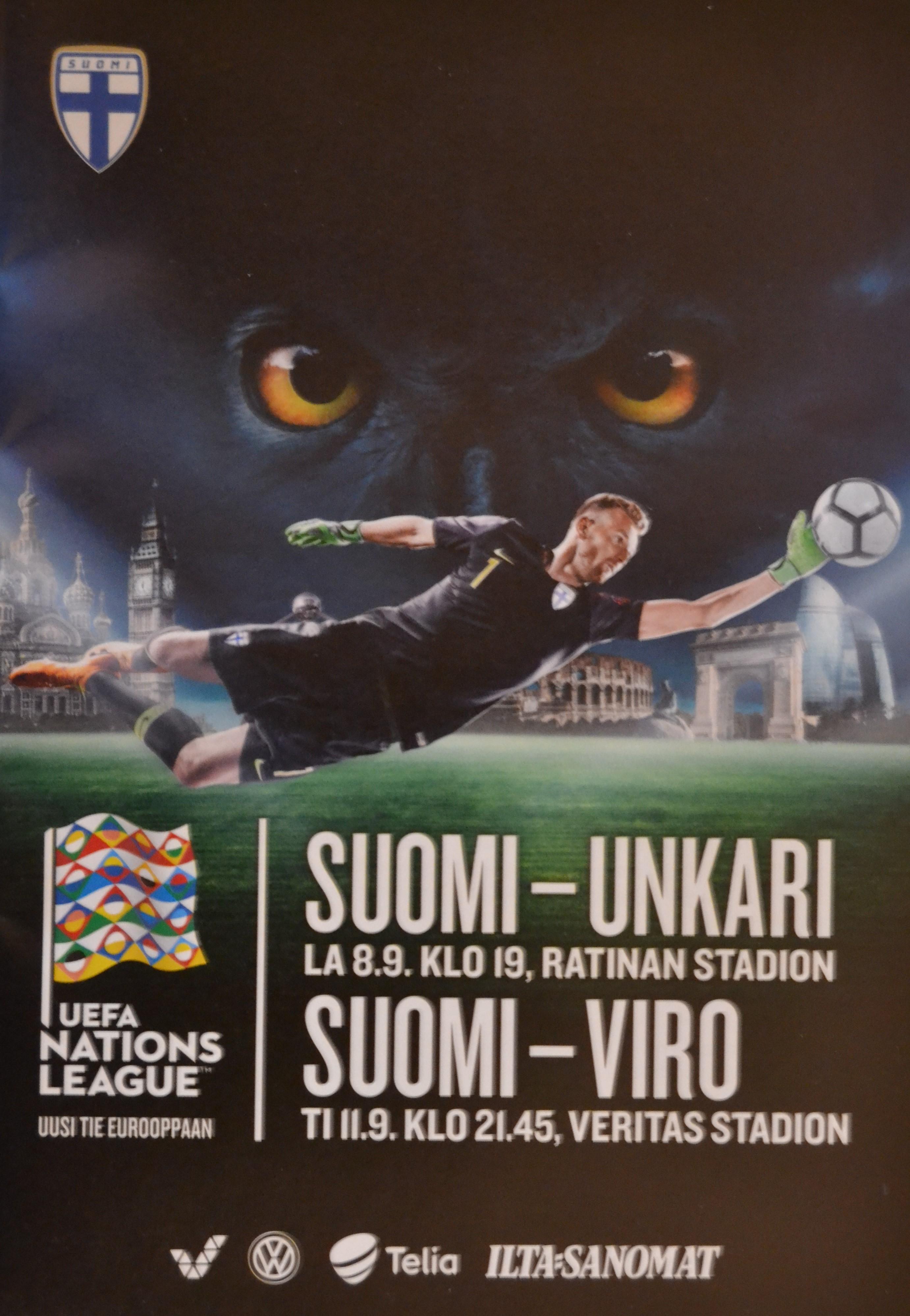Otteluohjelma tai lippu ottelusta Suomi - Unkari 08.09.2018