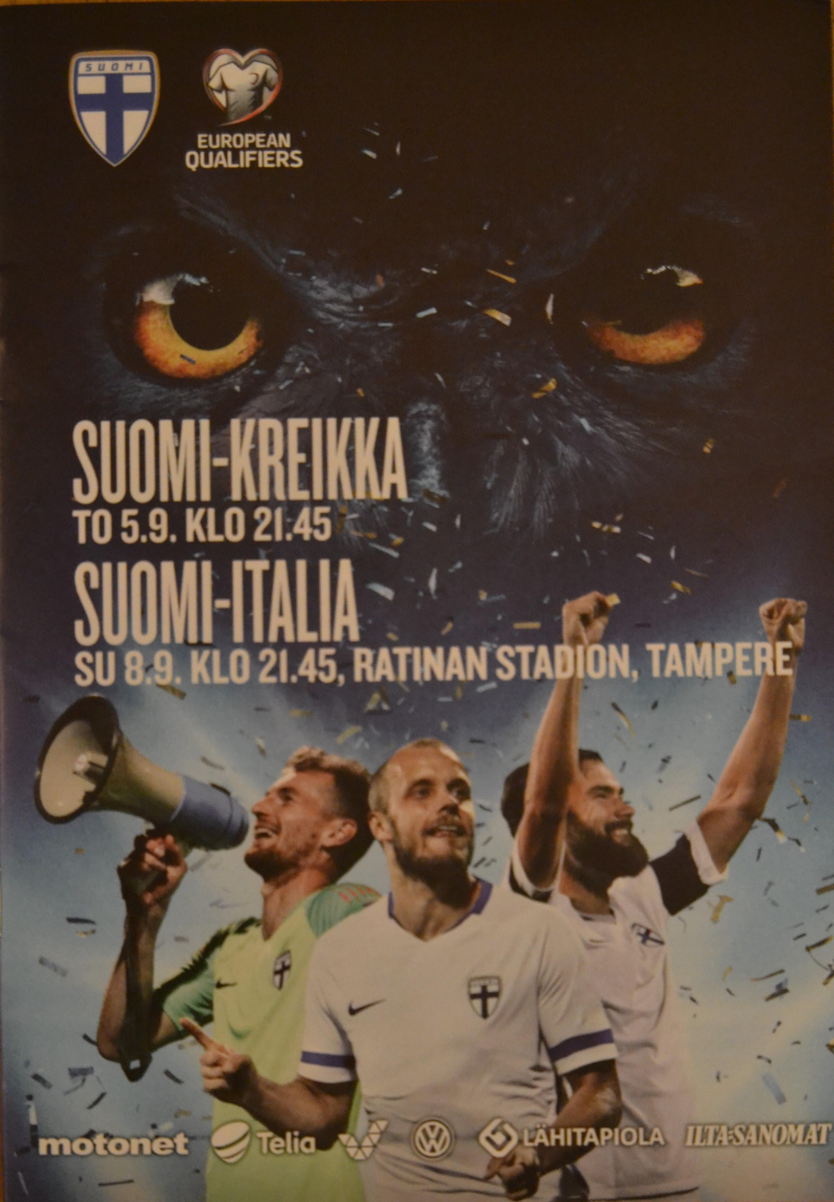 Otteluohjelma tai lippu ottelusta Suomi - Kreikka 05.09.2019