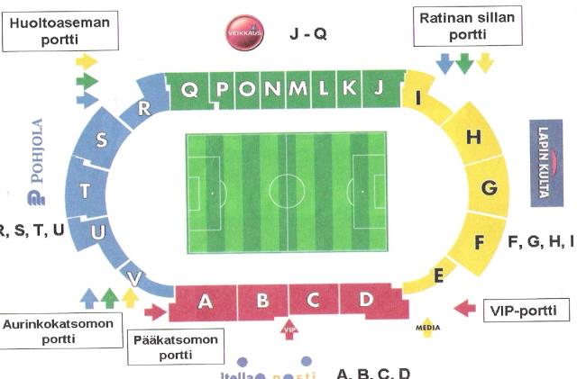 Ratinan stadionin katsomokartta: katsomolohkot ja portit