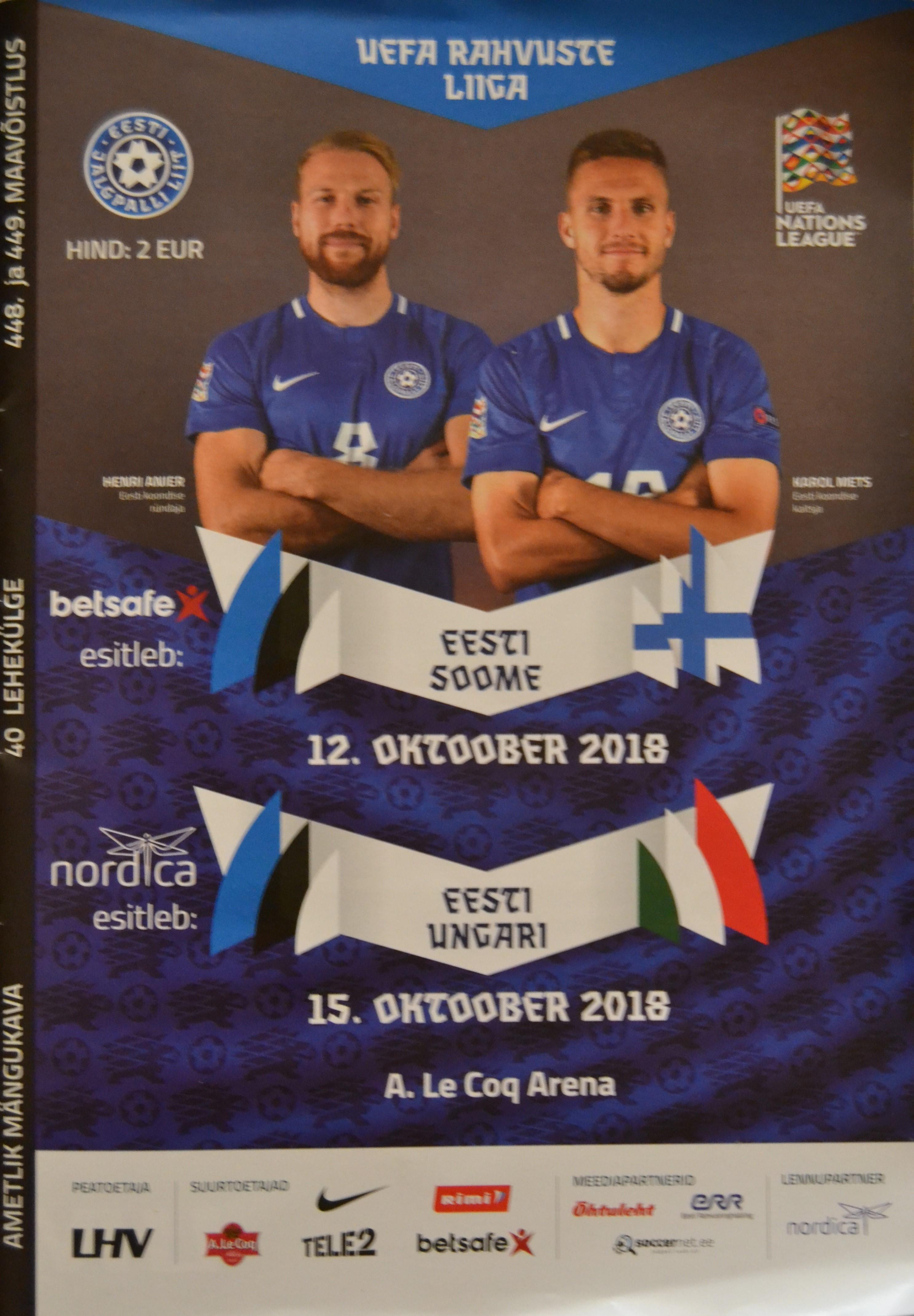 Otteluohjelma tai lippu ottelusta Viro - Suomi 12.10.2018