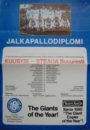 Jalkapallodiplomi-juliste Kuusysi–Steaua Bucuresti -ottelusta: yläosassa joukkuekuva, alla joukkueiden kokoonpanot, 19.03.1986