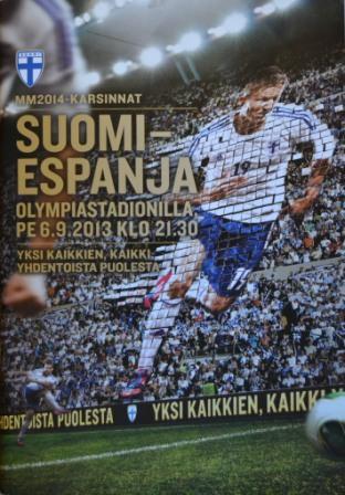 Otteluohjelma tai lippu ottelusta Suomi - Espanja 06.09.2013