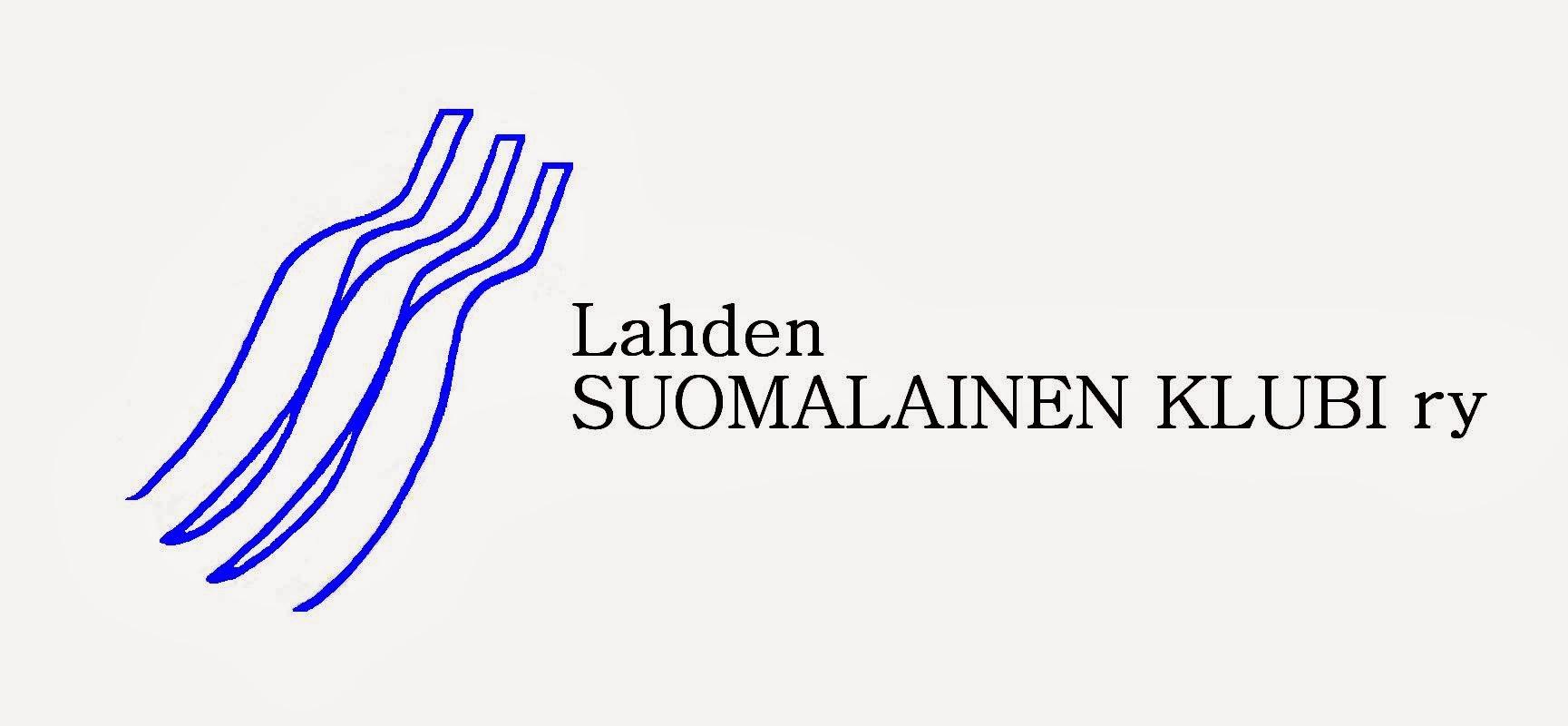 Lahden Suomalainen Klubi ry:n logo: kolme sinistä hyppyrimäkeä muistuttavaa kaarta ja yhdistyksen nimi