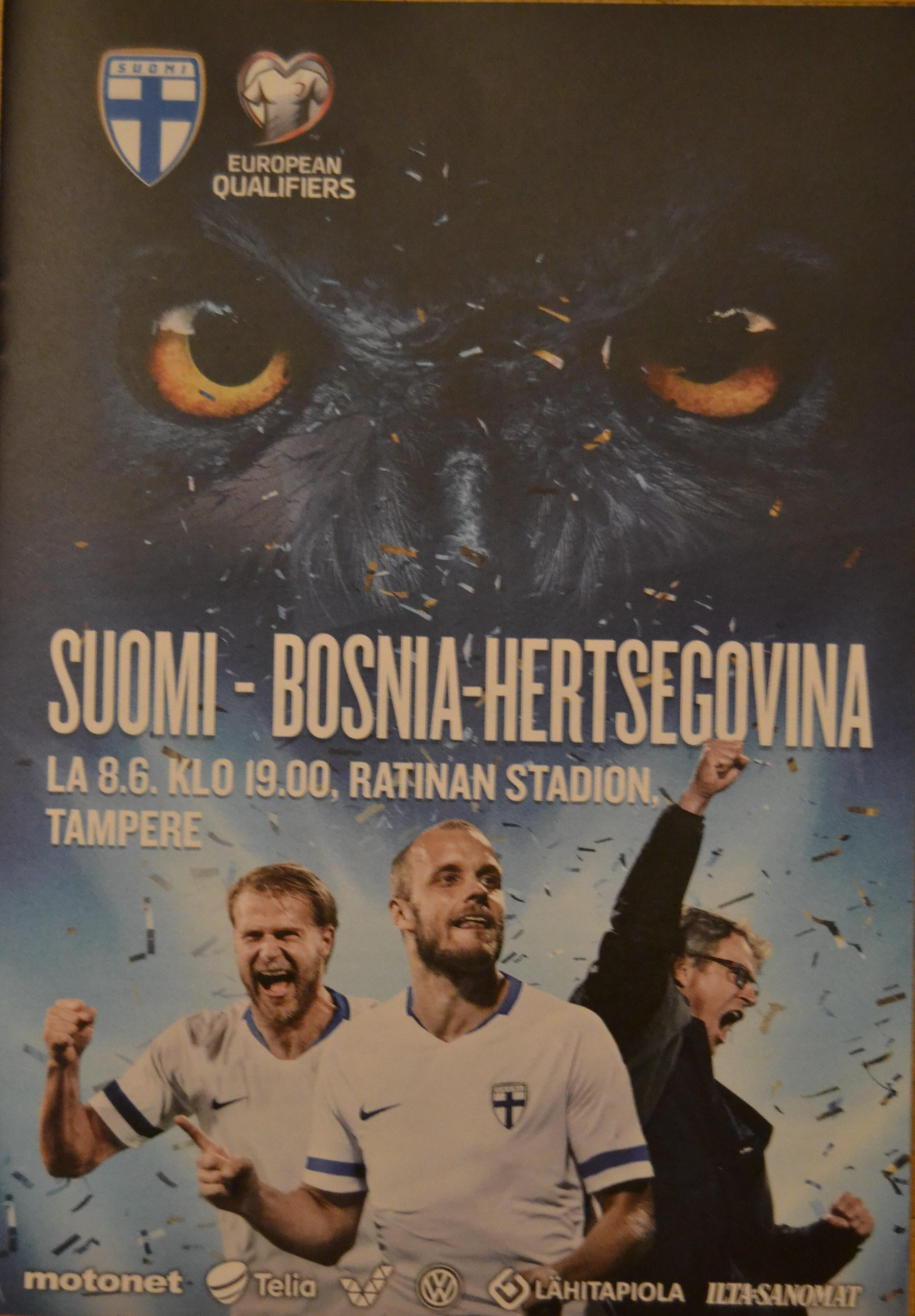 Otteluohjelma tai lippu ottelusta Suomi - Bosnia ja Hertsekovina 08.06.2019