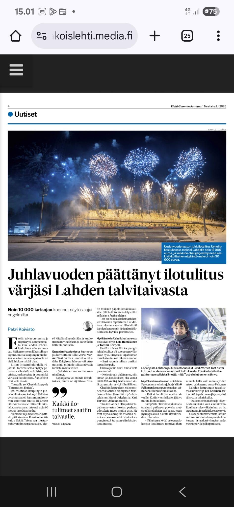 Etelä-Suomen Sanomien juttu Juhlavuoden päättänyt ilotulitus värjäsi Lahden talvitaivasta, kuvassa ilotulitus, 01.01.2026