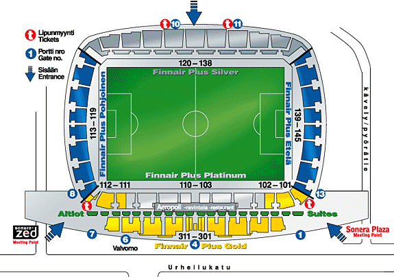 Finnair Stadiumin katsomokartta: katsomonosat, portit ja lipunmyyntipisteet